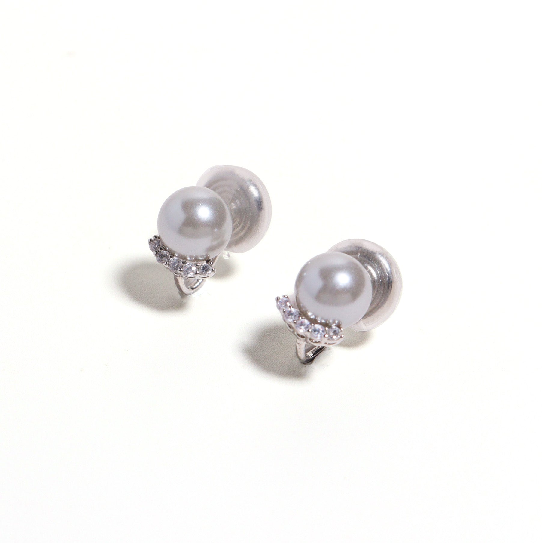 Grey Pearl CZ Stud Clip On Earrings