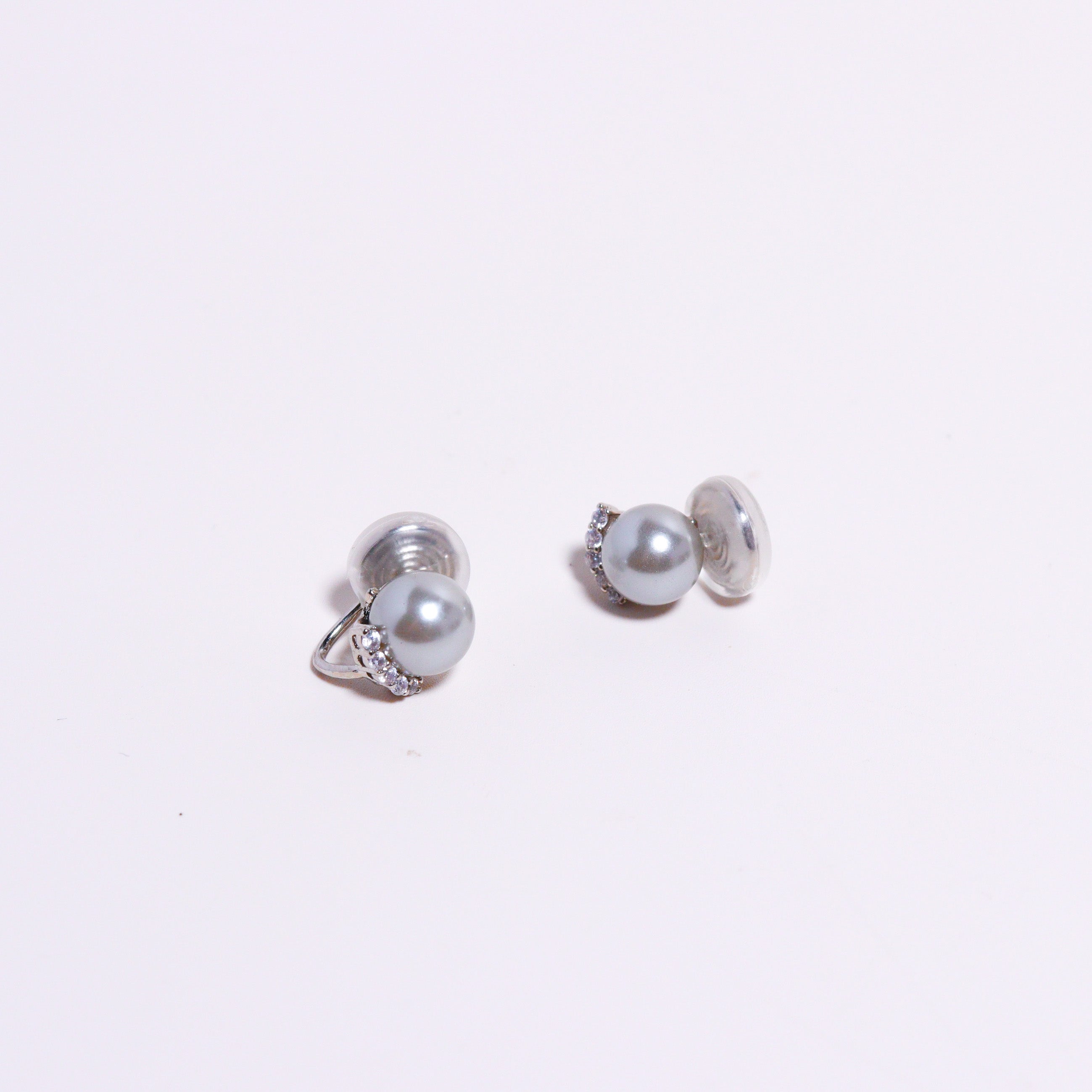 Grey Pearl CZ Stud Clip On Earrings