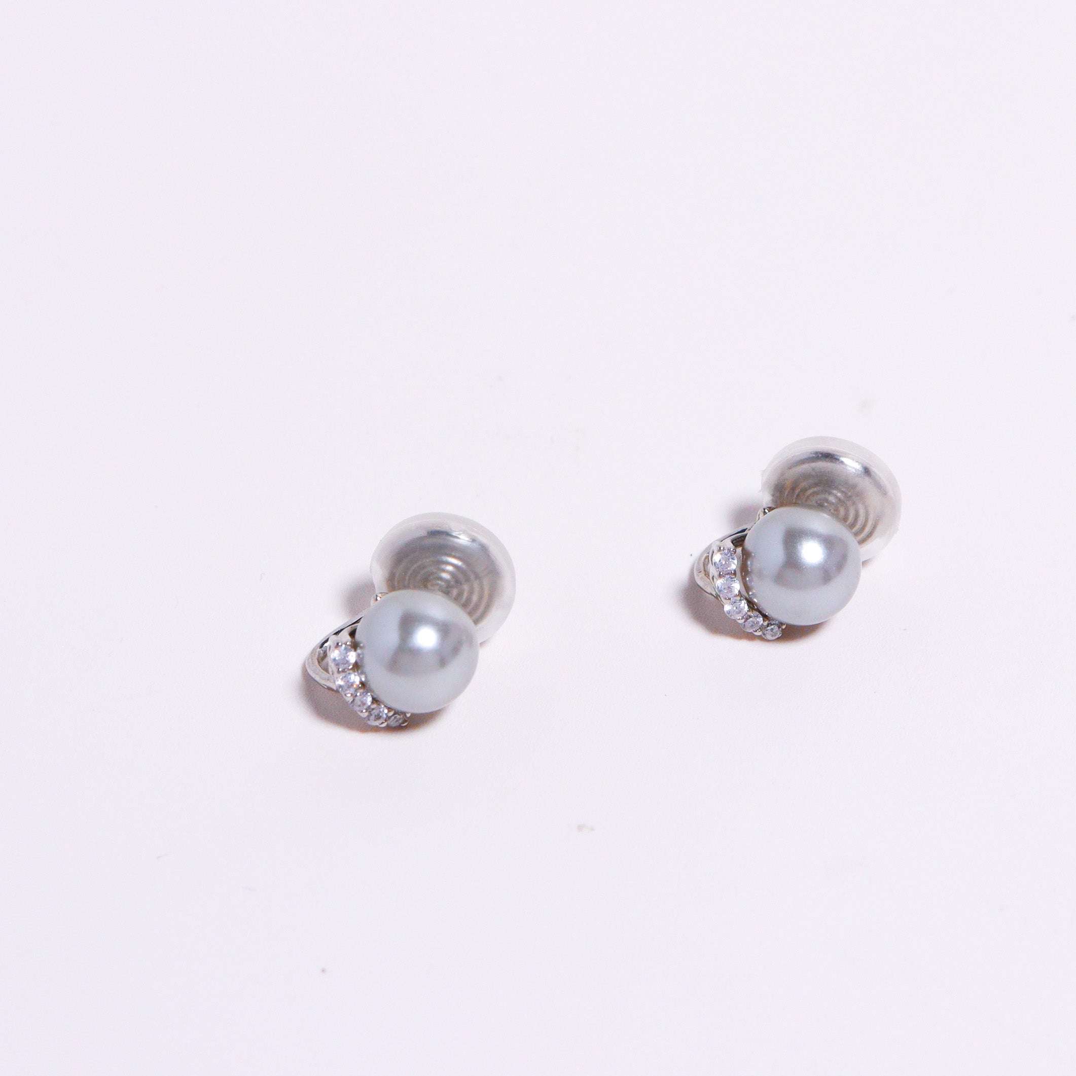 Grey Pearl CZ Stud Clip On Earrings