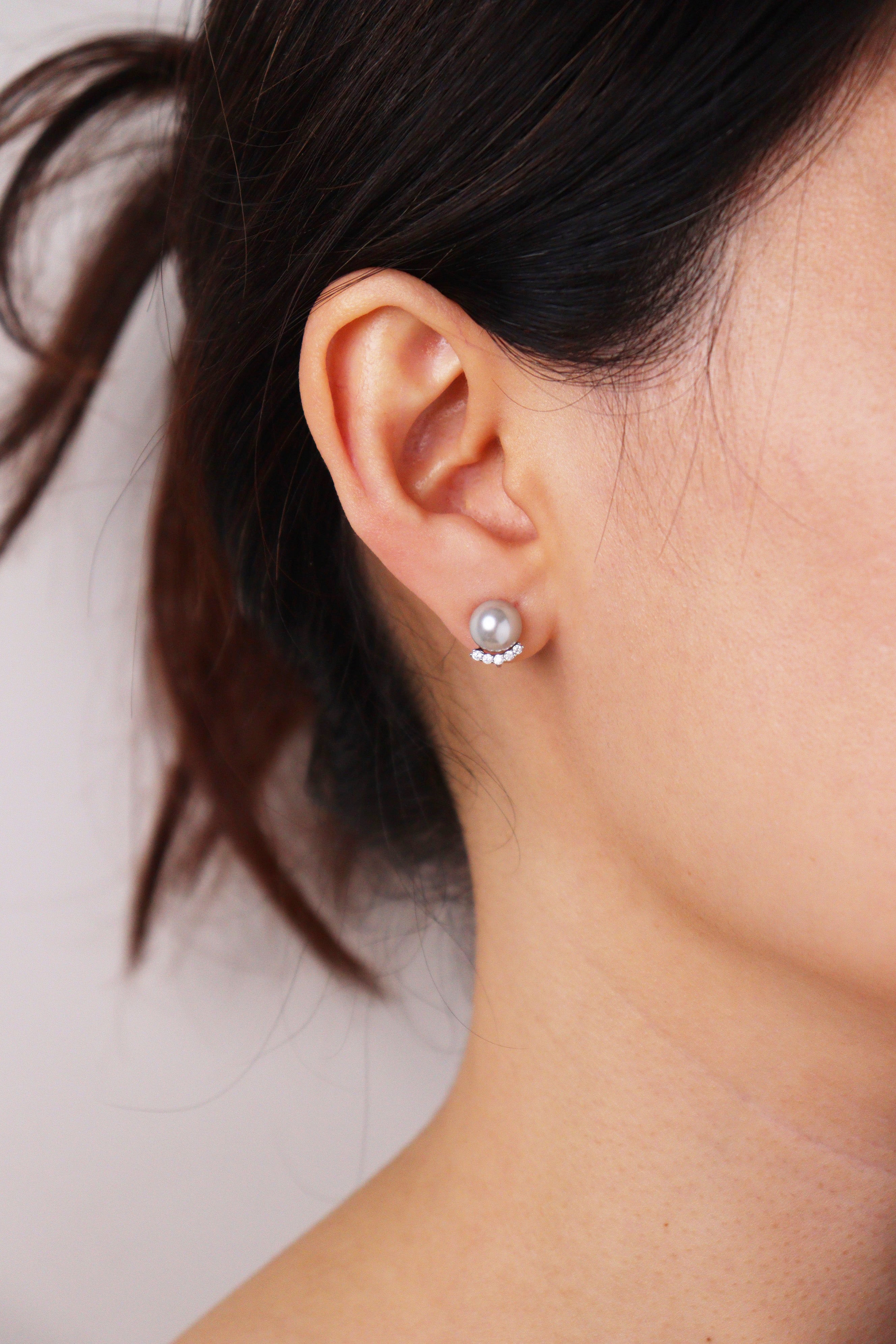 Grey Pearl CZ Stud Clip On Earrings