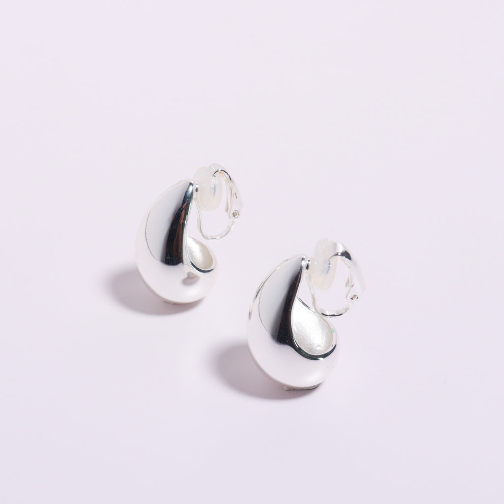 Water Drop Silver Clip On Earrings