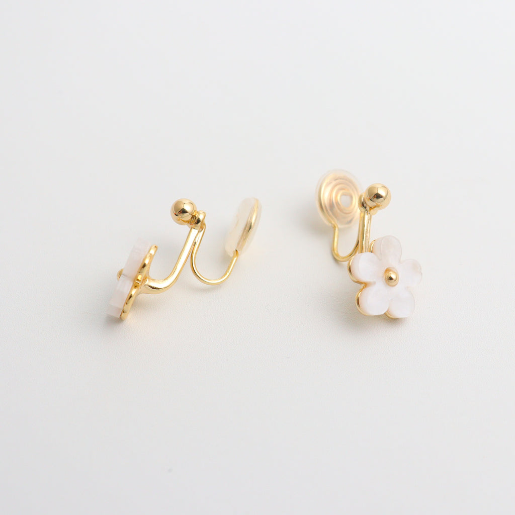 Pearly Plumeria Gold Clip On Earrings