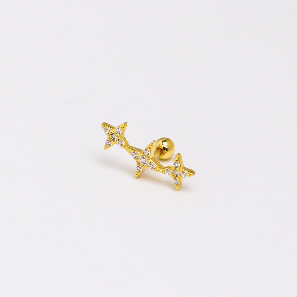 Gold Tri Stars Silver 925 Stud Earrings