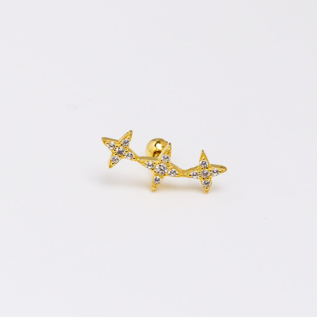 Gold Tri Stars Silver 925 Stud Earrings