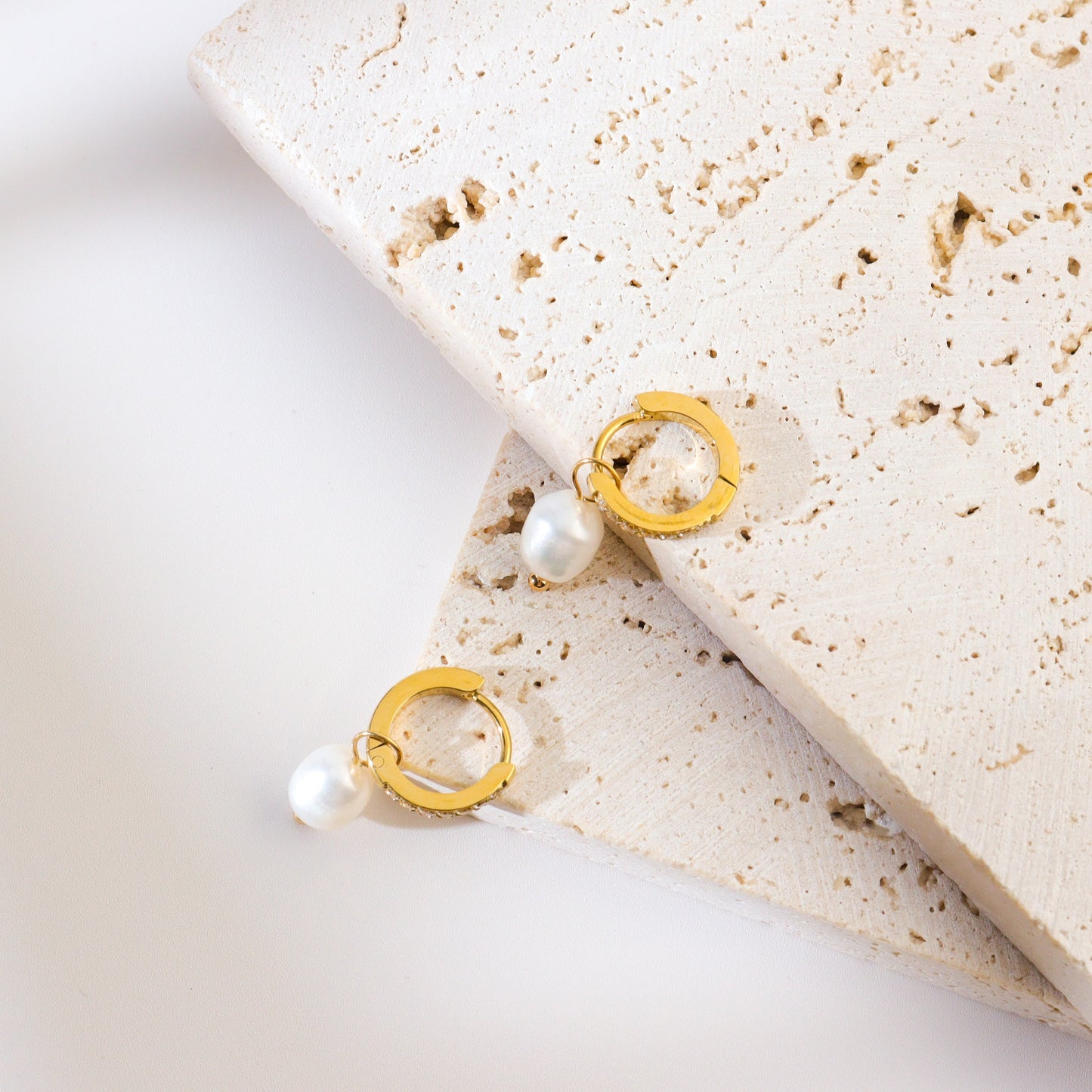 Pearl Cross Gold Huggies Earrings