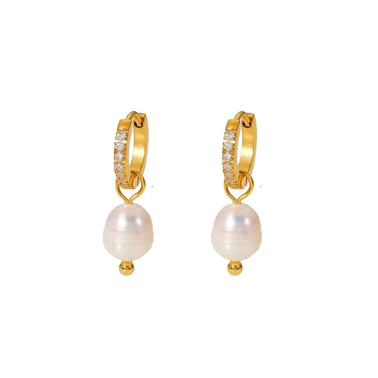 Pearl Cross Gold Huggies Earrings