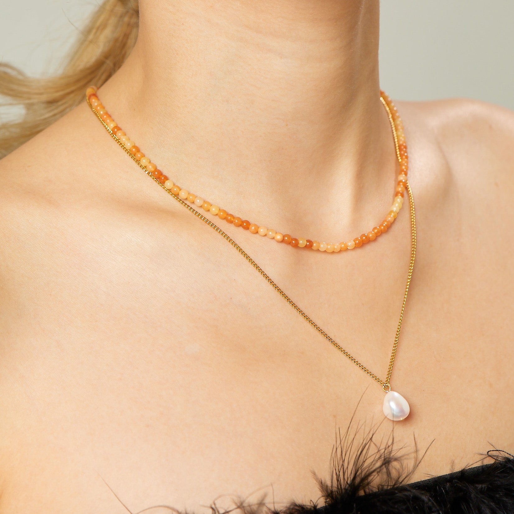 Red Aventurine Pearl Layered Necklace