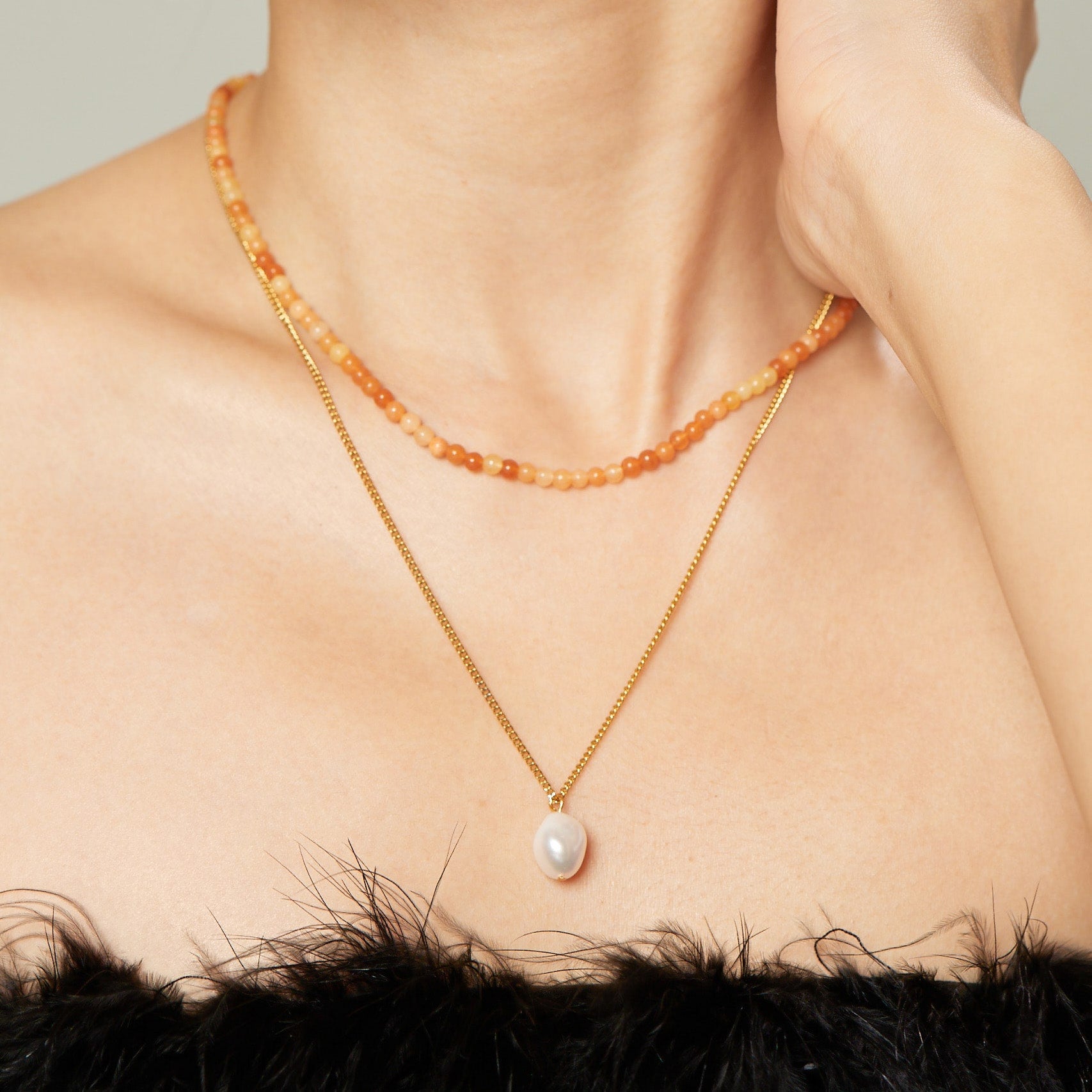 Red Aventurine Pearl Layered Necklace