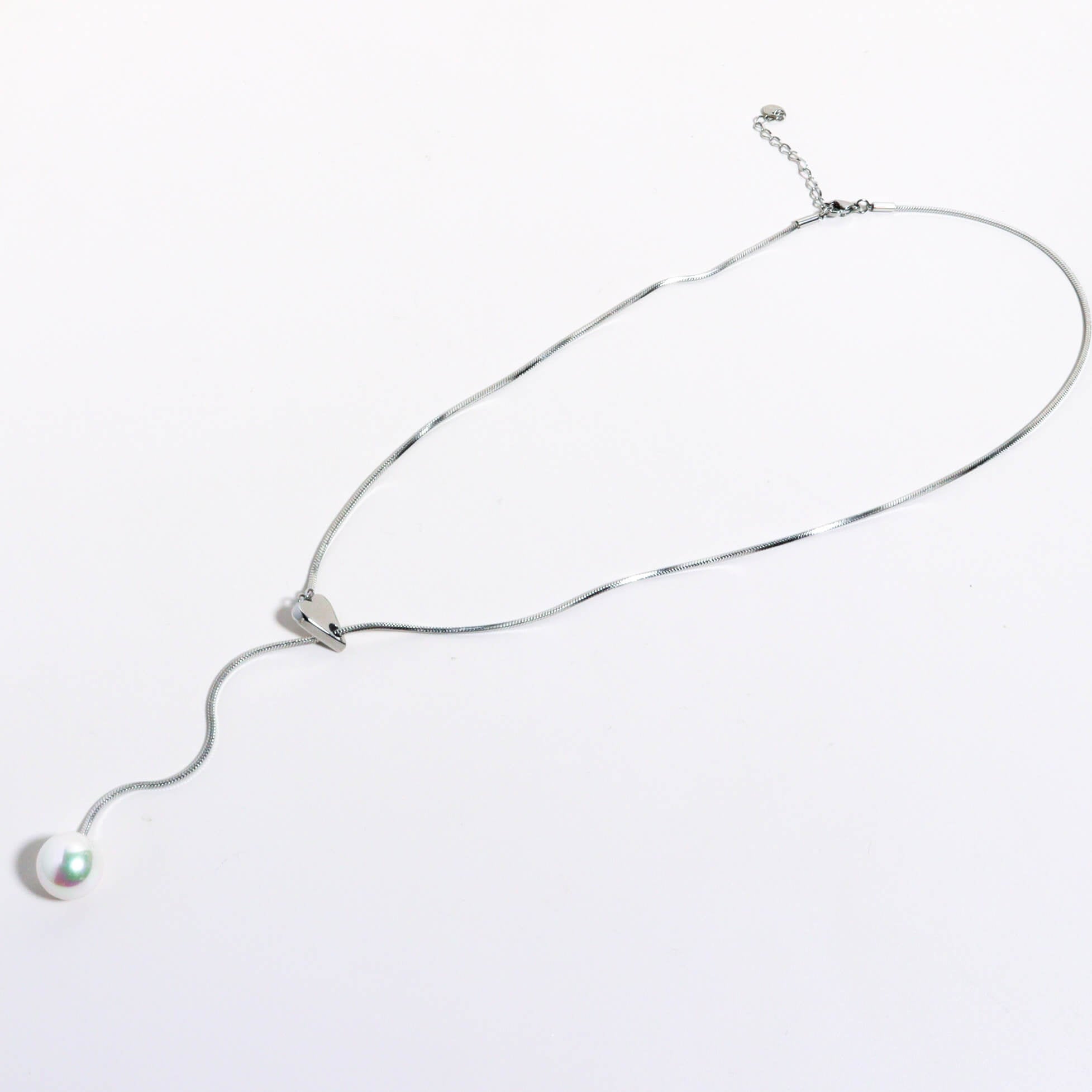 Enly Pearl Long Silver Necklace